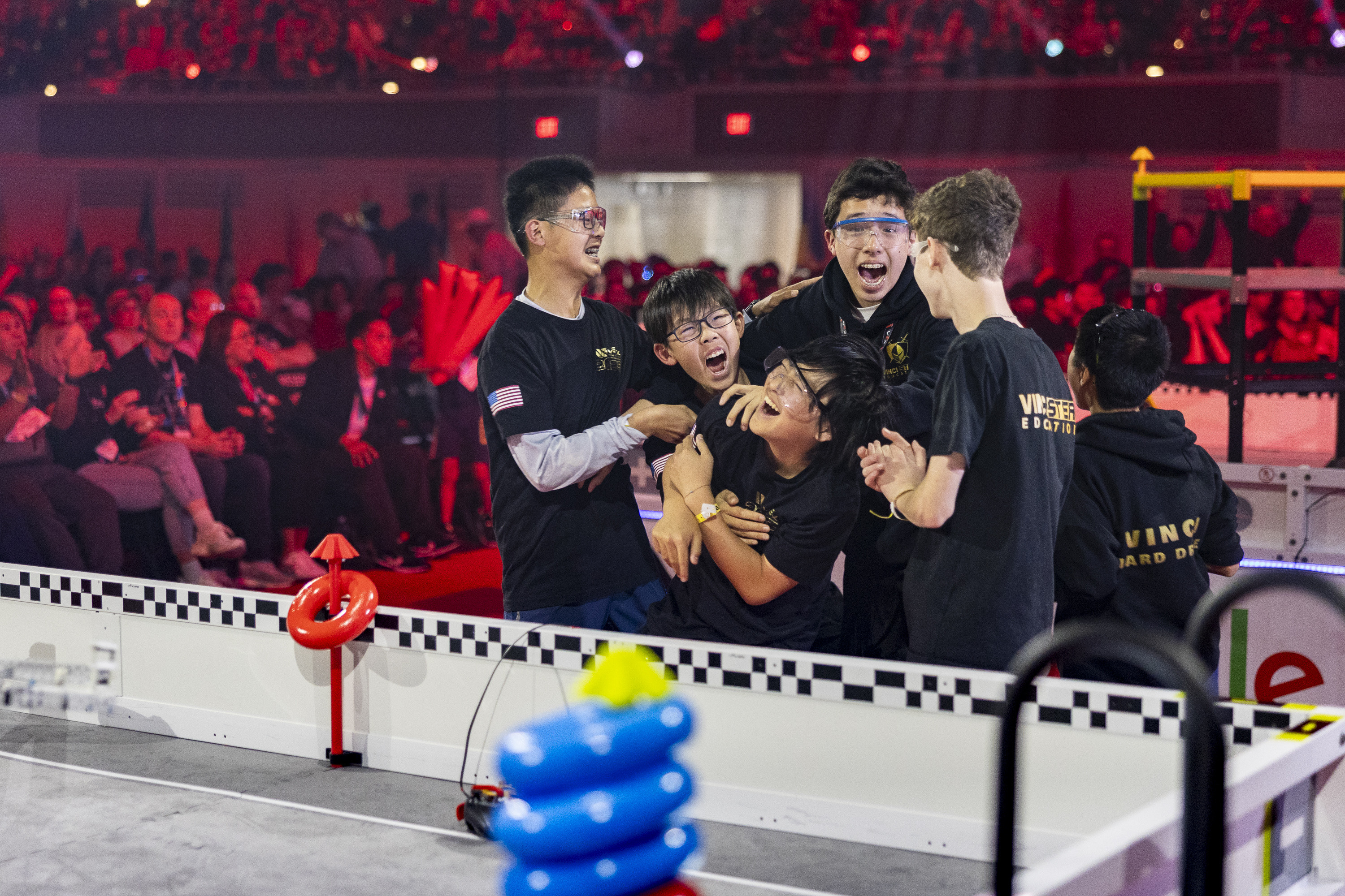 Students building robots together